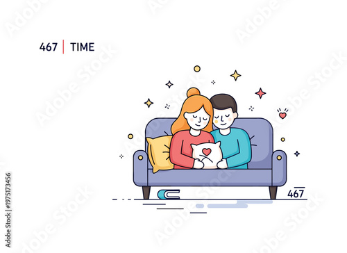 Shared cozy time illustration featuring a pair cuddling on a couch with a pillow and soft decorative stars conveying affection, comfort, and quiet bonding.