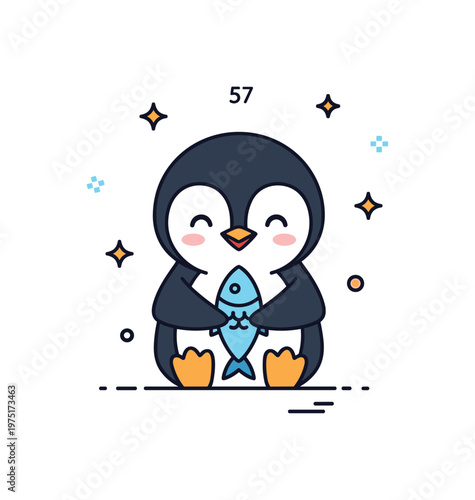 Playful little penguin with fish adorable tiny penguin holding a small fish with happy expression and subtle decorative sparkles enhancing the whimsical scene.