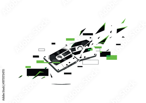 cassette tape floating with broken fragments, monochrome cut-out tape with white border surrounded by glitch-like rectangles and sharp triangles, layered