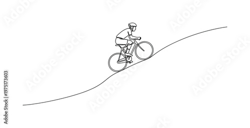 Road Challenge. Minimalistic one-line drawing a cyclist ascending a hill with a curved path line, continuous single black line on white background, simple