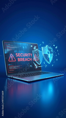 Laptop displaying security breach alert with digital shields shattered. Cyber attack on computer system and data theft concept.
