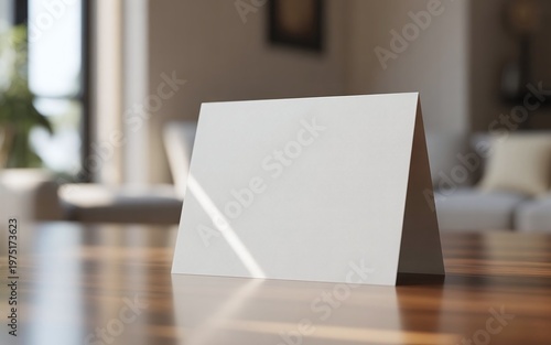 Blank white folded card mockup on wooden table in blurred modern living room interior background.