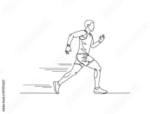 Morning Run with Tracker. Minimalistic one-line drawing minimalist runner figure with wrist fitness band and subtle motion streaks, continuous single black