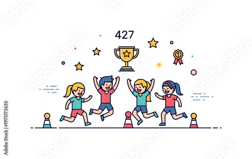 School athletics event showing children jumping or running with small trophy and star accents conveying participation, motivation, and success. Minimalist flat