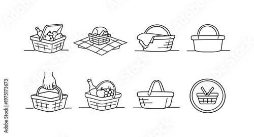 Minimalist Picnic Icons. "Outdoor Picnic Icons". Minimalistic set one-line drawing basket with lid open