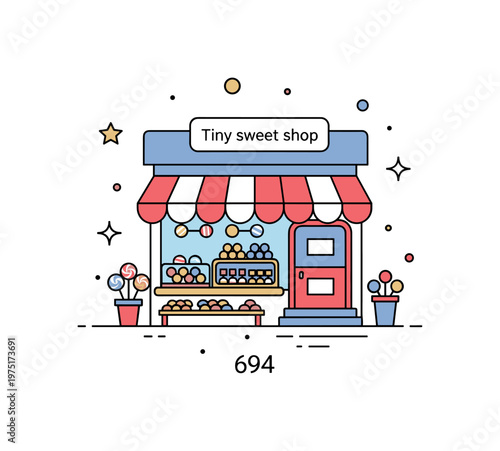 Tiny sweet shop charming mini candy shop with a colorful display of sweets, a small striped awning, and subtle sparkles for a cozy whimsical illustration.