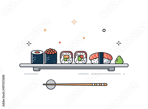 Mini sushi set a compact plate with a few sushi rolls and nigiri placed symmetrically with a calm aesthetic. The composition conveys harmony and minimal food