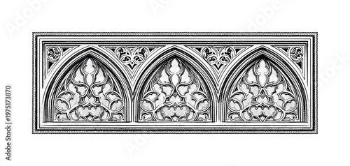 An ornate gothic border frame with symmetrical tracery and detailed engraved lines, isolated in minimal composition, black and white halftone illustration,