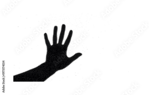 A cropped human hand shadow cast across a surface with dense halftone dots and grain, black and white illustration, newspaper-style texture,
