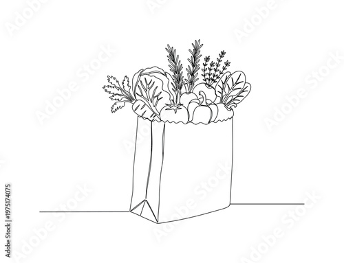 Fresh Market Illustration. Minimalistic one-line drawing paper grocery bag filled with vegetables and herbs, continuous single black line on white background,