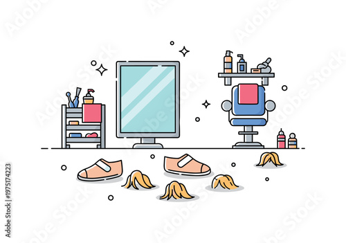 Salon floor detail with minimal scattered hair shapes and soft shadows expressing realism, cleanliness, and everyday grooming environment. Minimalist flat