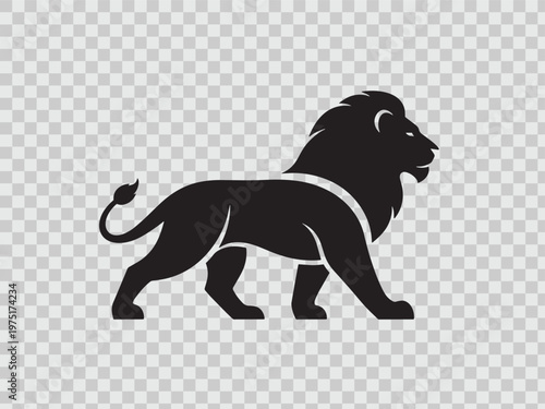 Lion silhouette icon featuring king of jungle walking in profile with majestic mane and long tail.