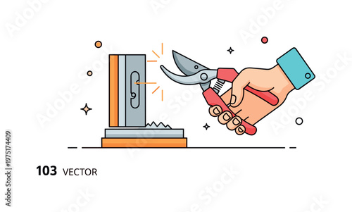 Sharpening garden tools scene with a hand holding a pruning shear against a sharpening stone with small spark accents conveying maintenance, care,