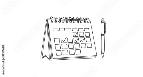 Daily Planning with Calendar. Minimalistic one-line drawing desk calendar with small check marks and pen beside, continuous single black line on