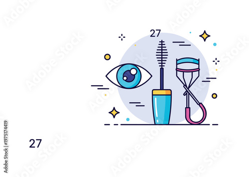 Eye enhancement concept with a stylized eye icon, mascara wand, and curler symbolizing volume, curl, and refined makeup results. Minimalist flat vector