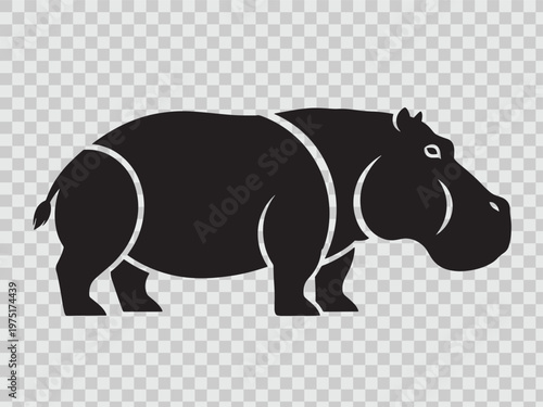 Stylized black hippopotamus standing left on transparent background, side view of wild animal.