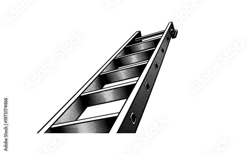 A slightly angled library ladder with visible rungs and halftone shading creating depth, black and white illustration, classic print design, high contrast,