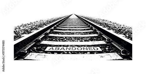 A set of railway tracks fading into the distance with ?abandoned? subtly engraved on one rail, black and white halftone illustration, strong dot pattern