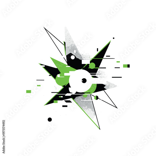 distorted signal noise with geometric disruption, monochrome grain surface intersected by sharp triangles and circular shapes, glitch fragments breaking