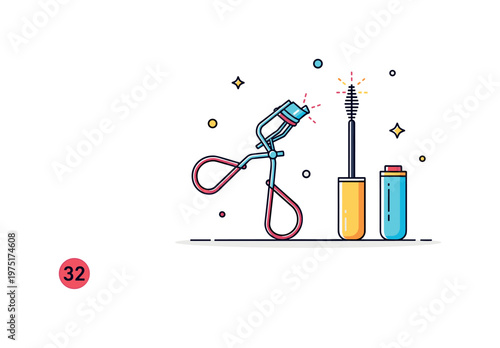 Cosmetic detail concept with an eyelash curler and mascara highlighted by small decorative dots expressing focus, simplicity, and refined beauty routine.
