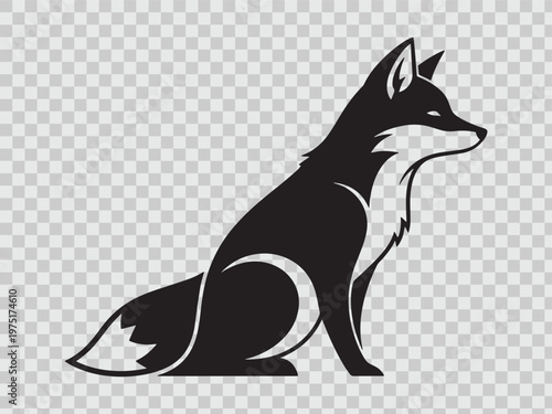 Sitting black fox silhouette, side profile, wild animal graphic art on transparent background, elegant pose.