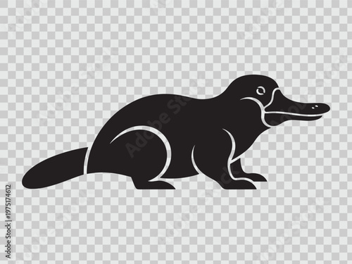Black platypus silhouette side view, cute aquatic mammal with duck bill on transparent background, vector art.