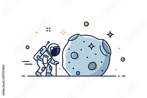 Curious astronaut scene a tiny astronaut leaning slightly while observing an asteroid surface with subtle sparkles. The composition conveys fascination and