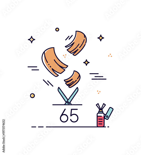 Salon haircut detail featuring falling hair pieces mid air with gentle motion accents suggesting active styling and precision cutting. Minimalist flat vector