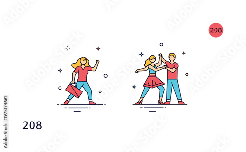 Salsa dance steps illustration showing simplified foot positions and a couple figure conveying learning, rhythm, and structured movement. Minimalist flat