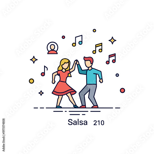 Latin dance culture badge with a dancing pair, small music notes, and a subtle ?Salsa? label conveying identity, rhythm, and expressive movement. Minimalist