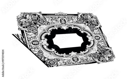 An abstract baroque plaque with dense ornamental detailing and a negative-space void at its core, partially cropped at the frame edge for dynamic composition,