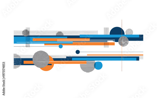horizontal broadcast layout with abstract bands, monochrome signal lines layered with blue and orange rectangular stripes, circular accents and geometric