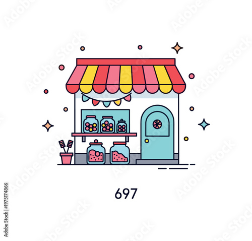 Tiny candy shop scene adorable little storefront with jars of sweets, a striped awning, and subtle decorative sparkles creating a cozy playful illustration.