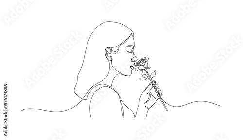 Quiet Sensation. Minimalistic one-line drawing a woman calmly smelling a rose with soft flowing lines, continuous single black line on white background, simple