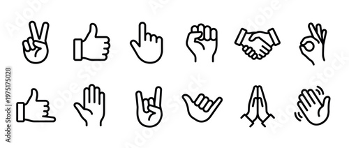 Various hand gesture line icons representing communication, agreement, success, and different human emotions and actions.