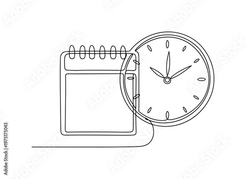Productivity Timing Concept. Minimalistic one-line drawing wall clock combined with subtle calendar page outline, continuous single black line on white
