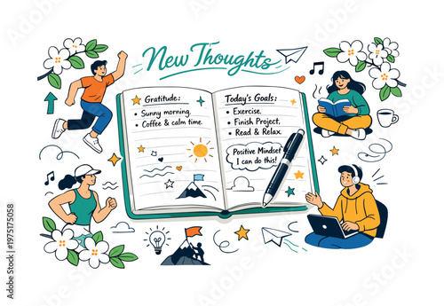 Morning Journaling Routine. A top-down view of an open notebook filled with handwritten notes, a pen placed