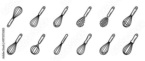 Various kitchen whisks in a hand-drawn doodle style, perfect for culinary and baking themed designs and illustrations.