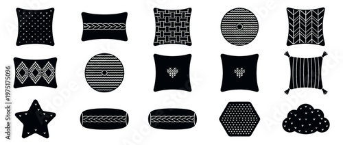 Decorative pillows and cushions set featuring diverse shapes and intricate patterns for home decor and interior design elements.