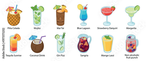 Colorful refreshing summer cocktails and tropical drinks collection with various garnishes and ice, perfect for parties and celebrations.