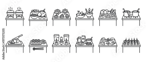 Buffet food line art icons set featuring various catering dishes, desserts, beverages, and breakfast items for event service.