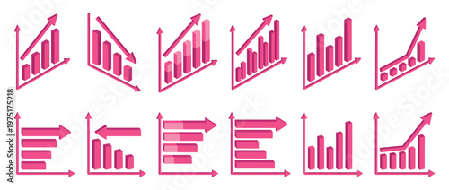 Isometric pink data charts and graphs illustrating business growth, financial analysis, and statistical trends in a modern 3D style.