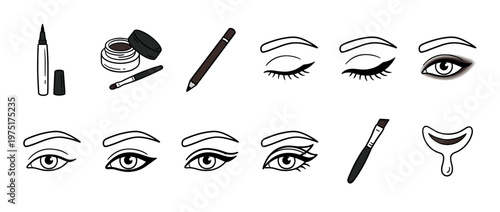 Eyeliner makeup tools and various eye looks with different styles of applied cosmetic products for beauty and fashion.
