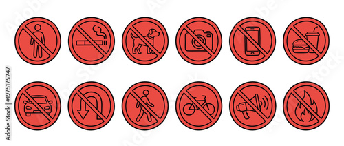 Collection of red circular prohibition signs with black line icons indicating various forbidden activities and restrictions.