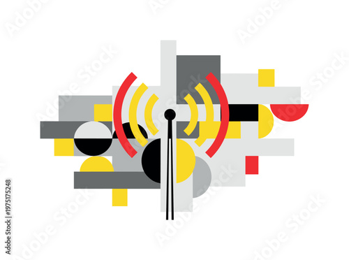vintage broadcast waves with dynamic curved accents, black and white antenna emitting signals with bold yellow and red arc shapes, geometric blocks and