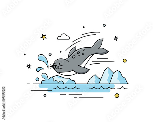 Playful splash a lively seal sliding off a tiny ice floe into the water with minimal splash shapes and motion lines. A cheerful and dynamic moment capturing