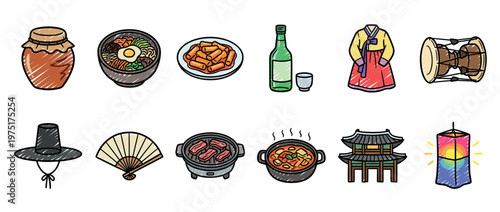 Korean culture symbols and traditional food items in a colorful doodle style illustration, representing heritage and cuisine.