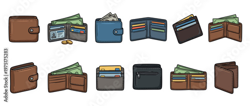 Wallets collection featuring various cartoon styles, some open with cash, credit cards, and coins, others closed, illustrating financial items.
