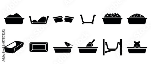 Litter box icons set featuring various pet waste containers, including full, empty, broken, and those with animals or a scoop, for pet care concepts.