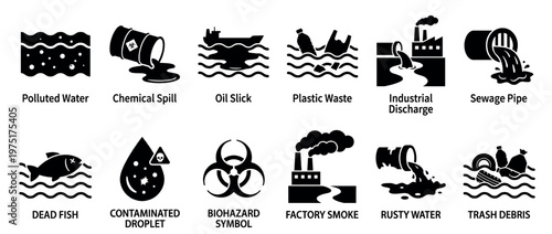 Environmental pollution icons illustrating various forms of contamination including water pollution, chemical spills, plastic waste, and industrial discharge.